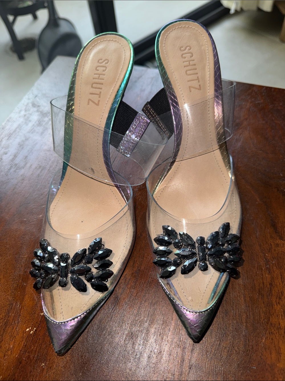 SCHUTZ Mermaid Pointed Mules with Clear Strap & Crystal Women’s Size 7